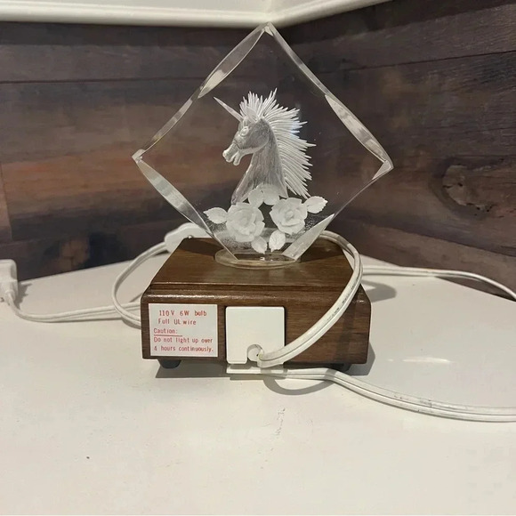 Unicorn Crystal Glass Laser Etched Hologram Lighted Wooden Base Plug In Triangle - Picture 8 of 11